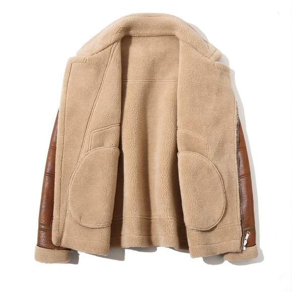 Men Distressed Brown B3 Genuine Sheepskin Sherpa Shearling Faux Fur Line Bomber - Picture 4 of 4
